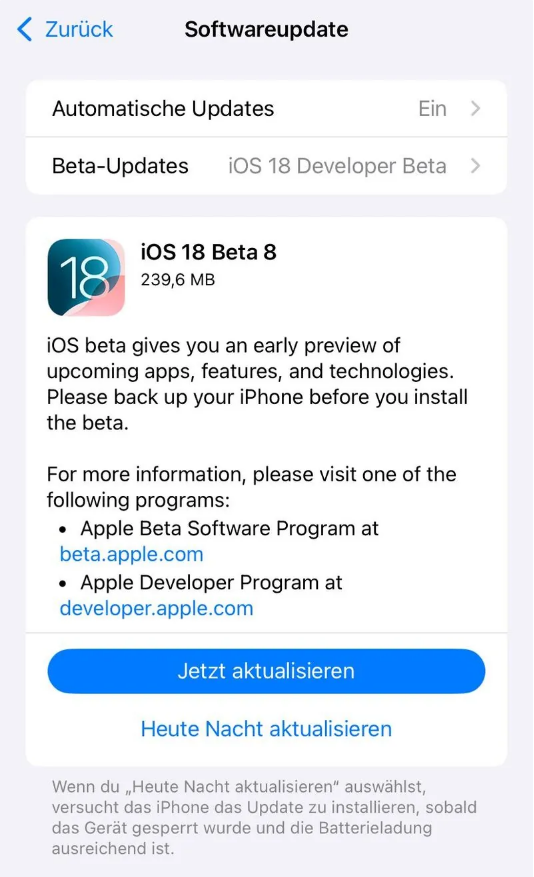 五桂山街道苹果手机维修分享苹果 iOS / iPadOS 18 开发者预览版 Beta 8 发布 